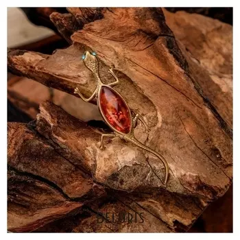 Брошь "Янтарь" ящерка, цвет коньячный