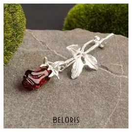 Брошь "Янтарь" роза 3 листа, цвет коричневый в посеребрении