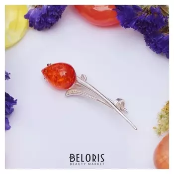 Брошь "Янтарь" тюльпан, цвет коньячный в посеребрении