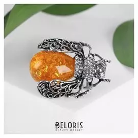 Брошь "Янтарная муха" крупная, цвет жёлтый в чернёном серебре