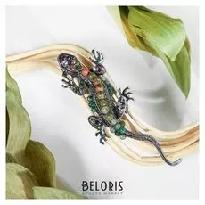 Брошь "Ящерица" яшма, цветная в чернёном серебре