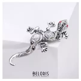 Брошь "Ящерица" тритон, цветная в чернёном серебре