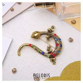 Брошь "Ящерица в стразах" цветная в чернёном золоте
