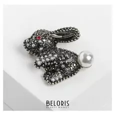 Брошь "Зайчик" жемчужный, цвет серо-белый в чернёном серебре