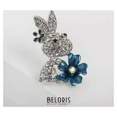 Брошь "Зайчонок", цвет бело-голубой в серебре