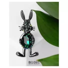Брошь "Заяц" банни, цвет зелёный в сером металле