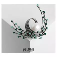 Брошь "Завитушка" с жемчужиной, цвет бело-зелёный в серебре