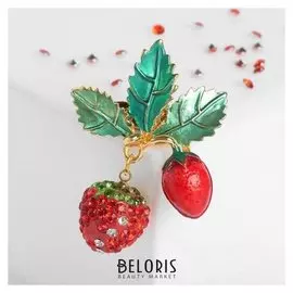 Брошь "Земляника" на веточке, цвет красно-зеленый в золоте