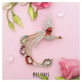 Брошь "Жар-птица с волшебным хвостом", разноцветная в золоте