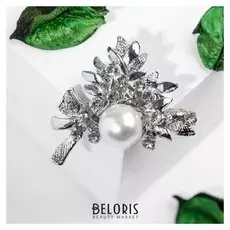 Брошь "Жемчуг" листья оливы, цвет белый в серебре
