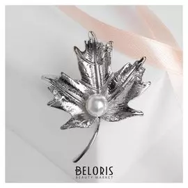 Брошь "Жемчужина" кленовый лист, цвет белый в серебре