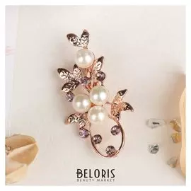 Брошь "Жемчужная ветвь" с росой, цвет бело-фиолетовый в розовом золоте