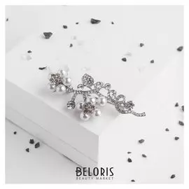 Брошь "Жемчужные цветы" завитки, цвет белый в серебре