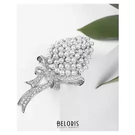 Брошь "Жемчужный букет" с бантом, цвет белый в серебре