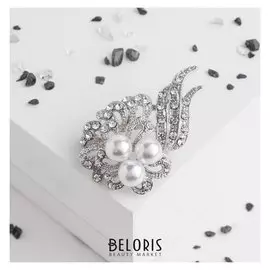 Брошь "Жемчужный цветок" ажурный, цвет белый в серебре