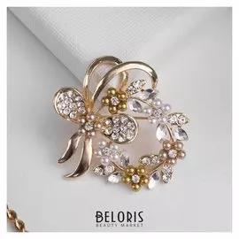 Брошь "Жемчужный венок" с бантом, цвет коричневый в золоте