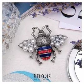 Брошь "Жук жемчужный", цветная в черненом серебре