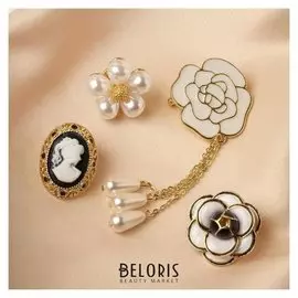 Броши (Набор 4шт) "Камея", цвет чёрно-белый в золоте