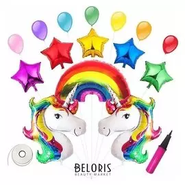 Букет из шаров "Два единорога", фольга, латекс, набор 15 шт+насос