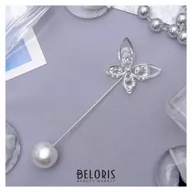 Булавка "Бабочка" объемная, 7,5см, цвет белый в серебре