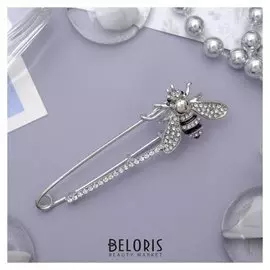 Булавка "Пчела" со стразами, 5,5 см, цвет черно-белый в серебре