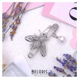 Булавка "Шмель" с бусиной, 5,5см, цвет белый в серебре