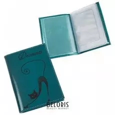 Бумажник водителя Befler "Изящная кошка", натуральная кожа, тиснение, 6 пластиковых карманов, бирюзовый