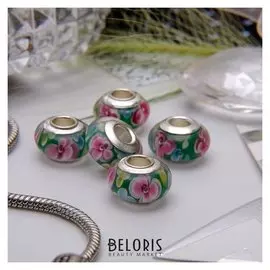 Бусина "Цветы" флауэр, цвет розово-зеленый в серебре