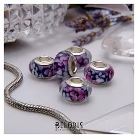 Бусина "Цветы" незабудки, цветная в серебре