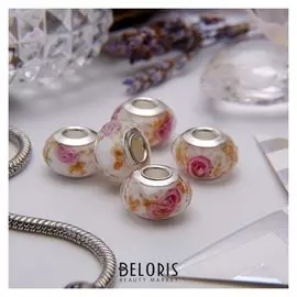 Бусина "Цветы" розы в золоте, цвет бело-розовый в серебре