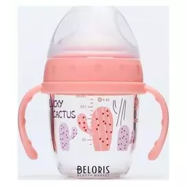 Бутылочка для кормления, с ручками, широкое горло, 180 мл., цвет розовый