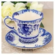 Чайная пара «Лето», гжель, фарфор, H=8 см D=10 см, блюдце 17 см