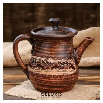 Чайник гончарный "Купеческий", 1л, ангоб, красная глина
