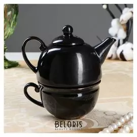 Чайник с чашкой, черный глянец, 1 персона, чайник 0,3л, чашка 0,15л (1 сорт)