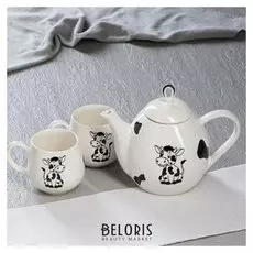 Чайный набор "Петелька" чайник 0,8 л, чашка 0,22 л, белый, глазурь, рисунок телята