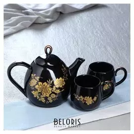 Чайный сервиз "Петелька" чёрный, золотая ветка, чайник 0,8 л, чашка 0,22 л