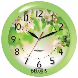 Часы настенные TROYKA 11121186, круг, белые с рисунком "Весна", зеленая рамка, 29х29х3,5 см