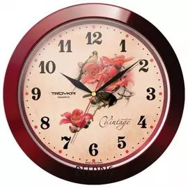 Часы настенные TROYKA 11131155, круг, бежевые с рисунком "Винтаж", коричневая рамка, 29х29х3,5 см