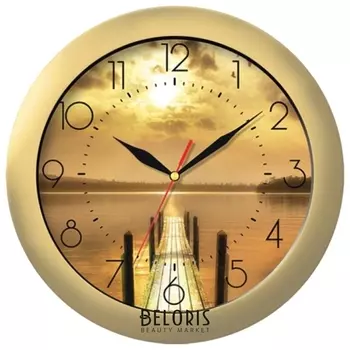 Часы настенные TROYKA 11171146, круг, с рисунком "Закат", золотая рамка, 29х29х3,5 см