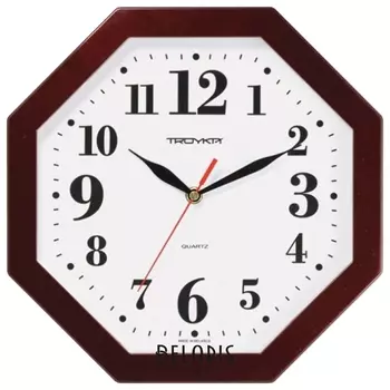 Часы настенные TROYKA 41431416, восьмигранник, белые, коричневая рамка, 29х29х3,5 см