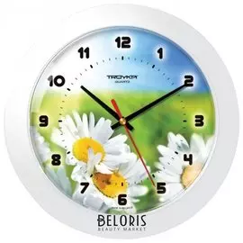 Часы настенные TROYKA 51510532, круг, с рисунком "Ромашки", белая рамка, 30,5х30,5х5,4 см