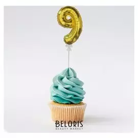 Цифра-топпер 3" «9» с палочкой, самодув, индивидуальная упаковка, цвет золотой