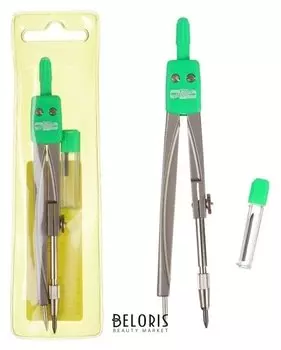 Циркуль металлический 122 мм + контейнер с гриф, серебристый, блистер