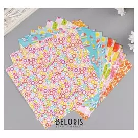 Цветная Washi-бумага для декора "Лето",15х15см,самоклеящаяся набор 12 листов, 6 дизайнов