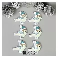 Декор для творчества дерево, войлок "Воробышек в шапочке" набор 6 шт 4,2х4,2 см