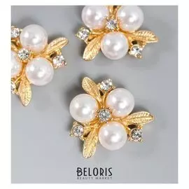 Декор для творчества металл "3 жемчужины с листьями, стразы" набор 4 шт 2,3х2,3 см