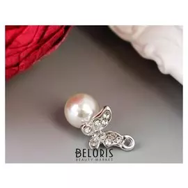 Декор для творчества металл, стразы "Бабочка с жемчужиной" серебро 1,4х2,3 см