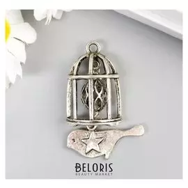 Декор металл для творчества "Клетка с птицей" серебро (А12688) 4,3х2,8 см