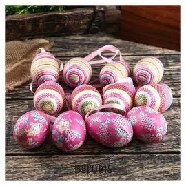 Декор пасхальный подвеска "Полоски и цветы" набор 12 шт яйцо 4х6 см