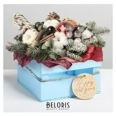 Деревянный ящик реечный Happy New Year, 13 × 13 × 9 см, с шильдиком на бечёвке